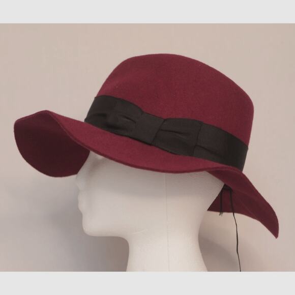 Womens Burgundy Fedora Hat Wide Brim Black Ribbon Band - Picture 5 of 9